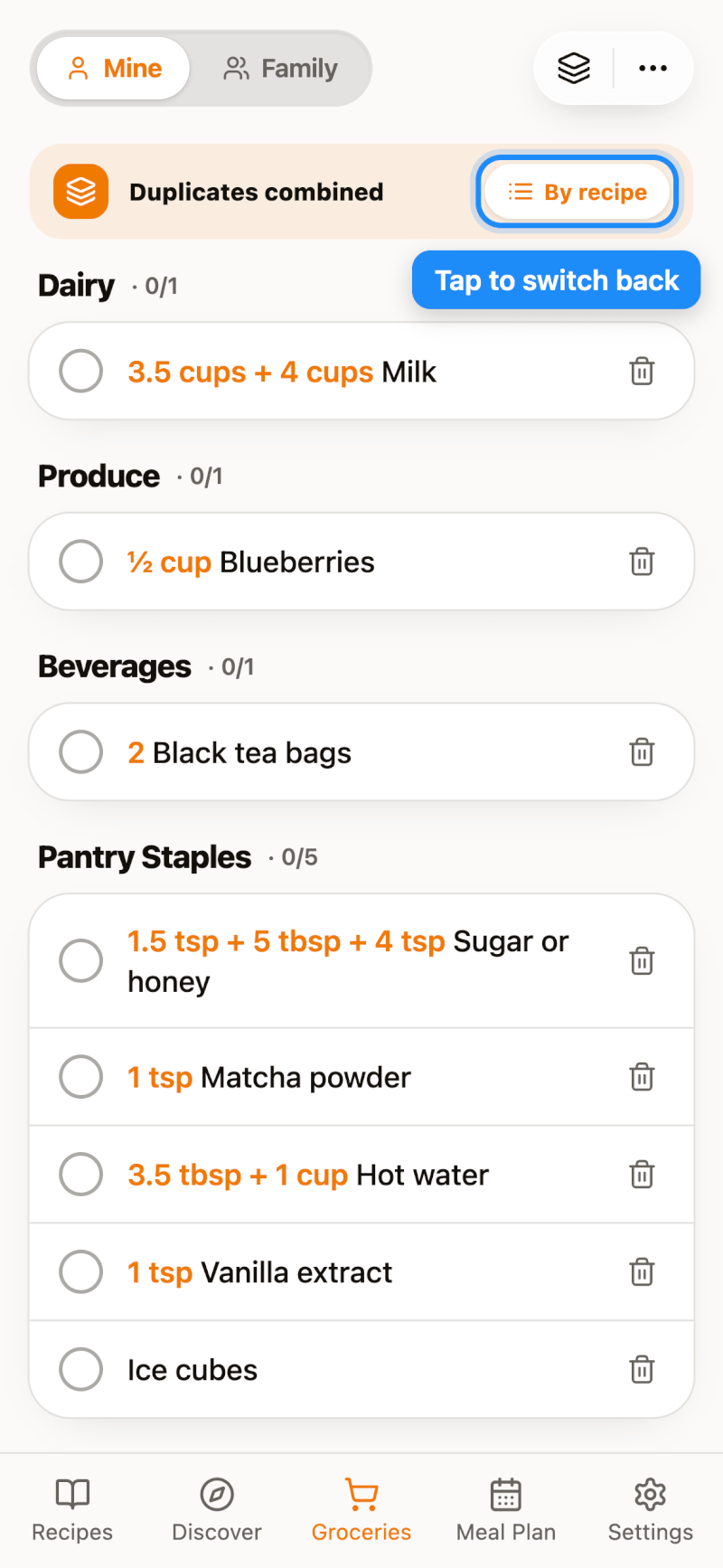 قائمة تسوق مدمجة مع ترتيب المكونات حسب الفئة