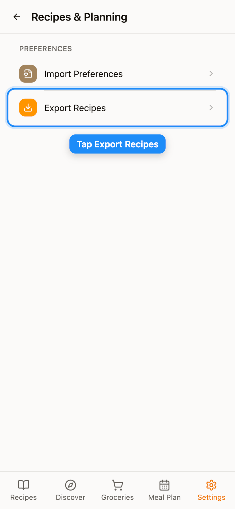 Tap Export Recipes in Recipes & Planning