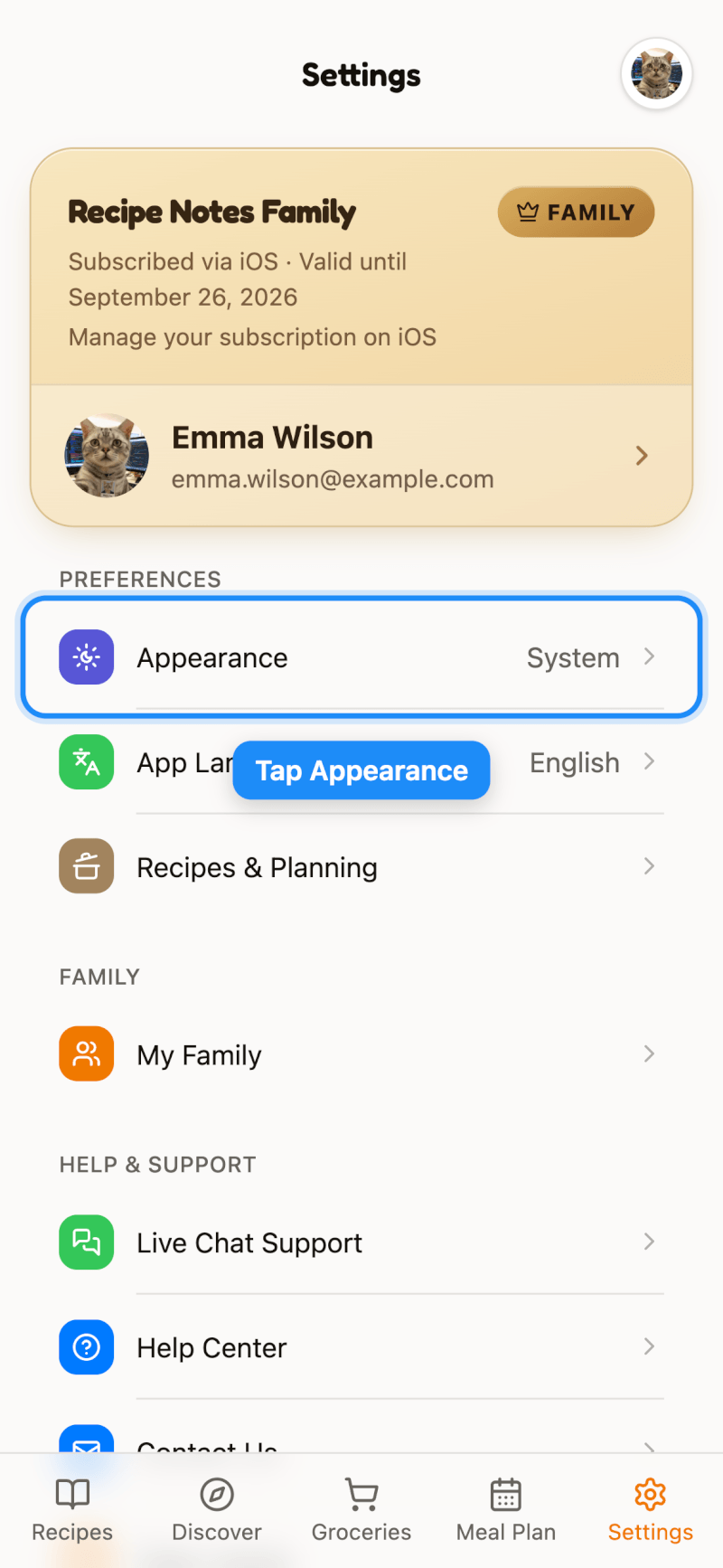 Tap Appearance in Settings