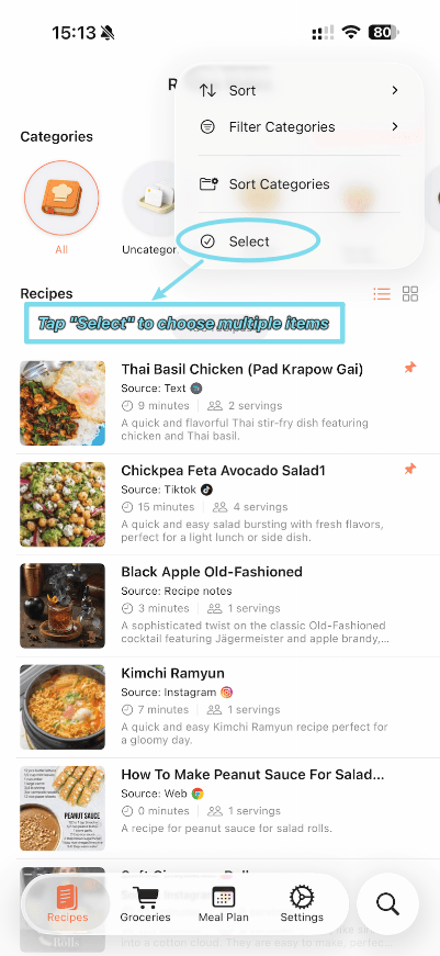 Tap "Select" to enter multi-select mode