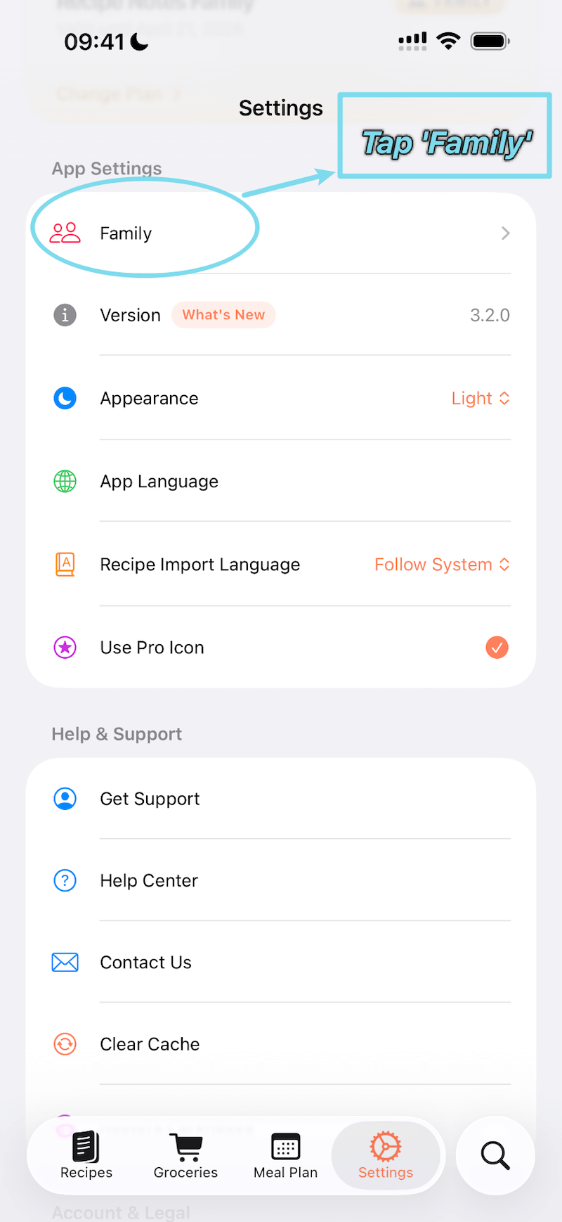 Create family in settings