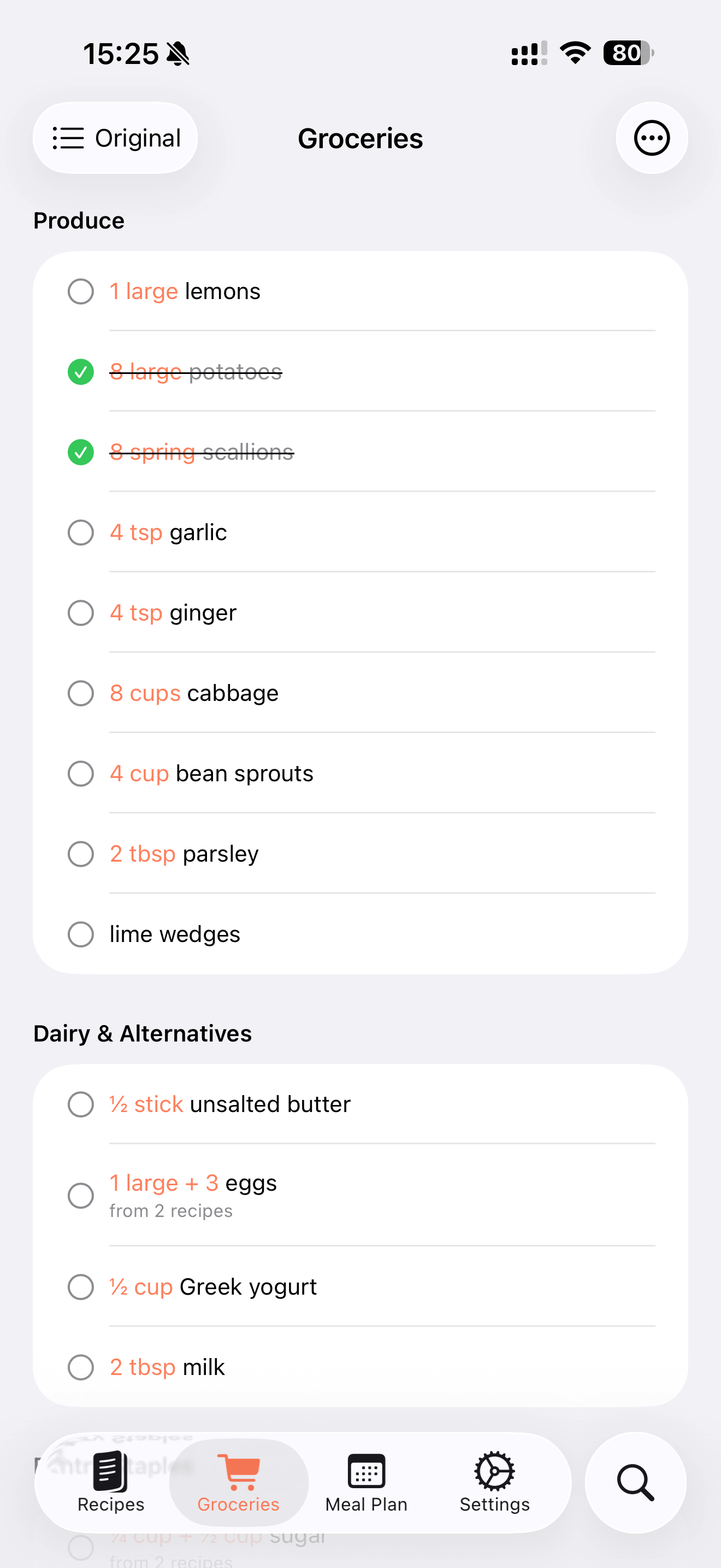 Merged grocery list with combined ingredients sorted by category