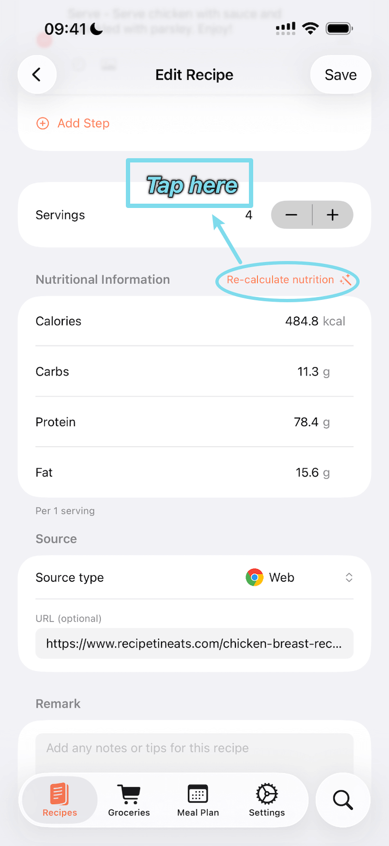 Recalculate nutrition