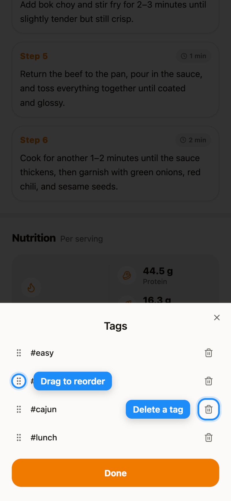 Drag to reorder tags or tap the trash icon to delete one