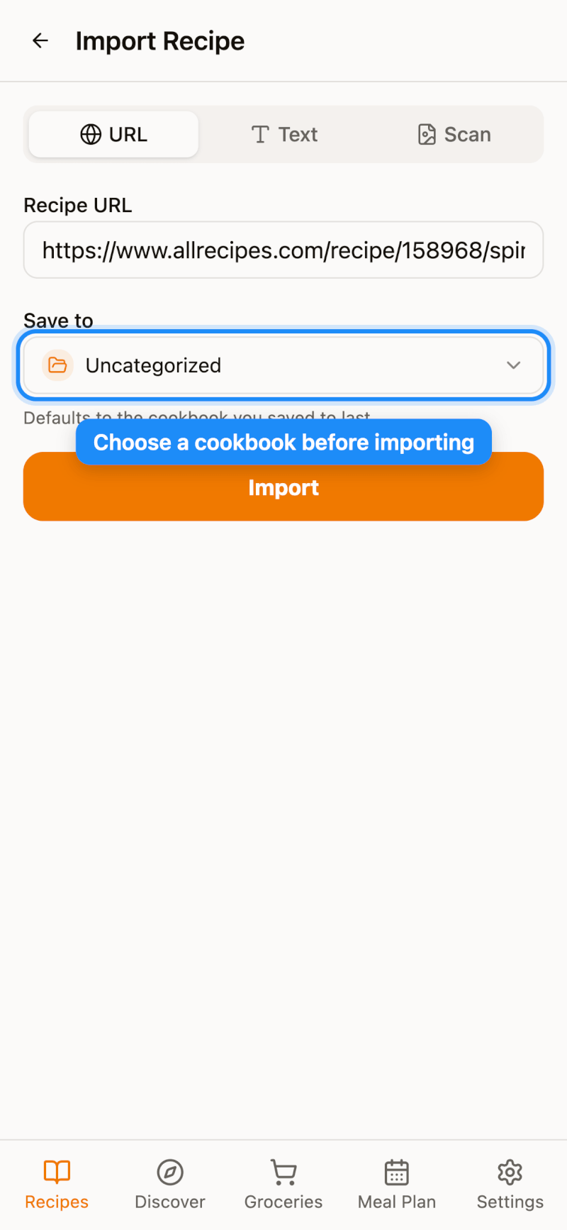 Save to option on the Import Recipe page