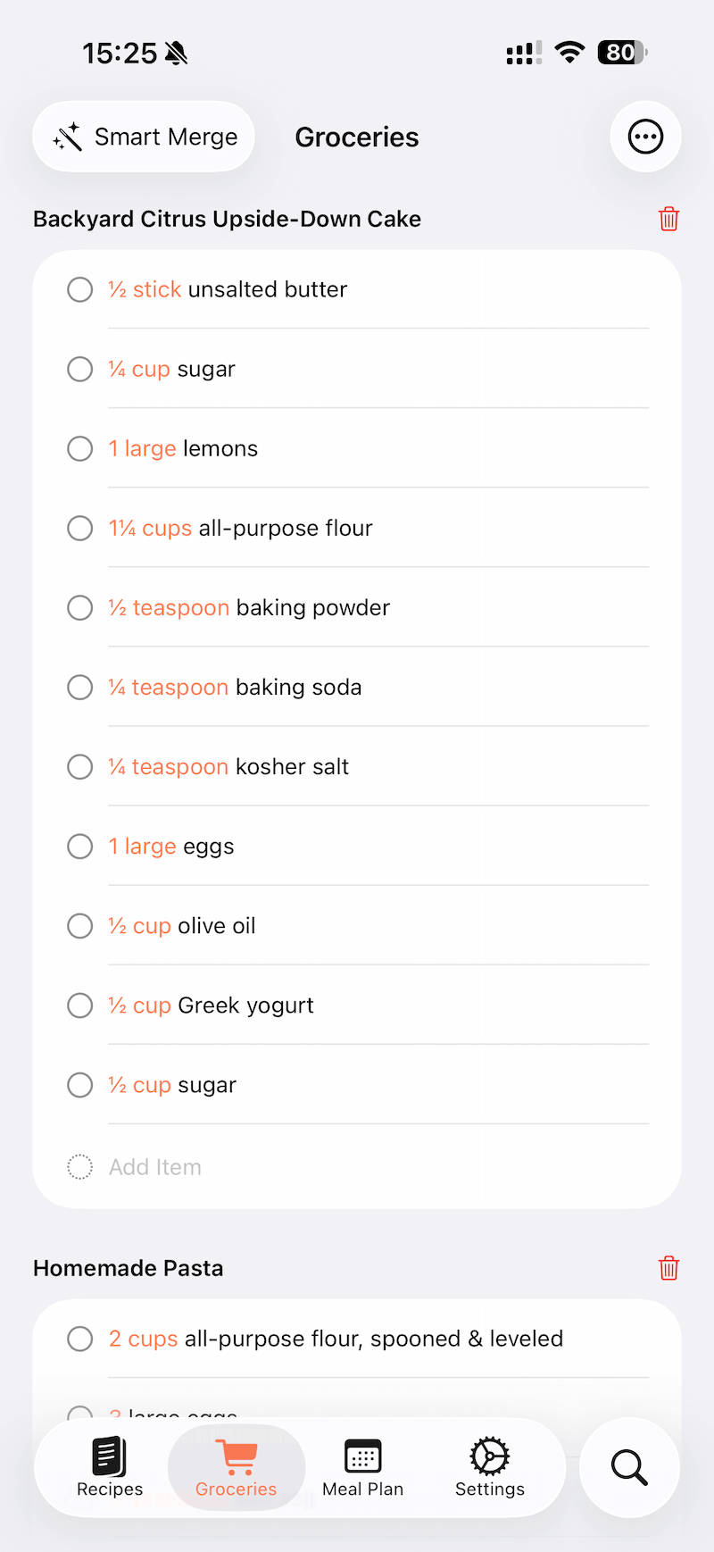 Tap Smart Merge in the top-left corner of the Groceries page