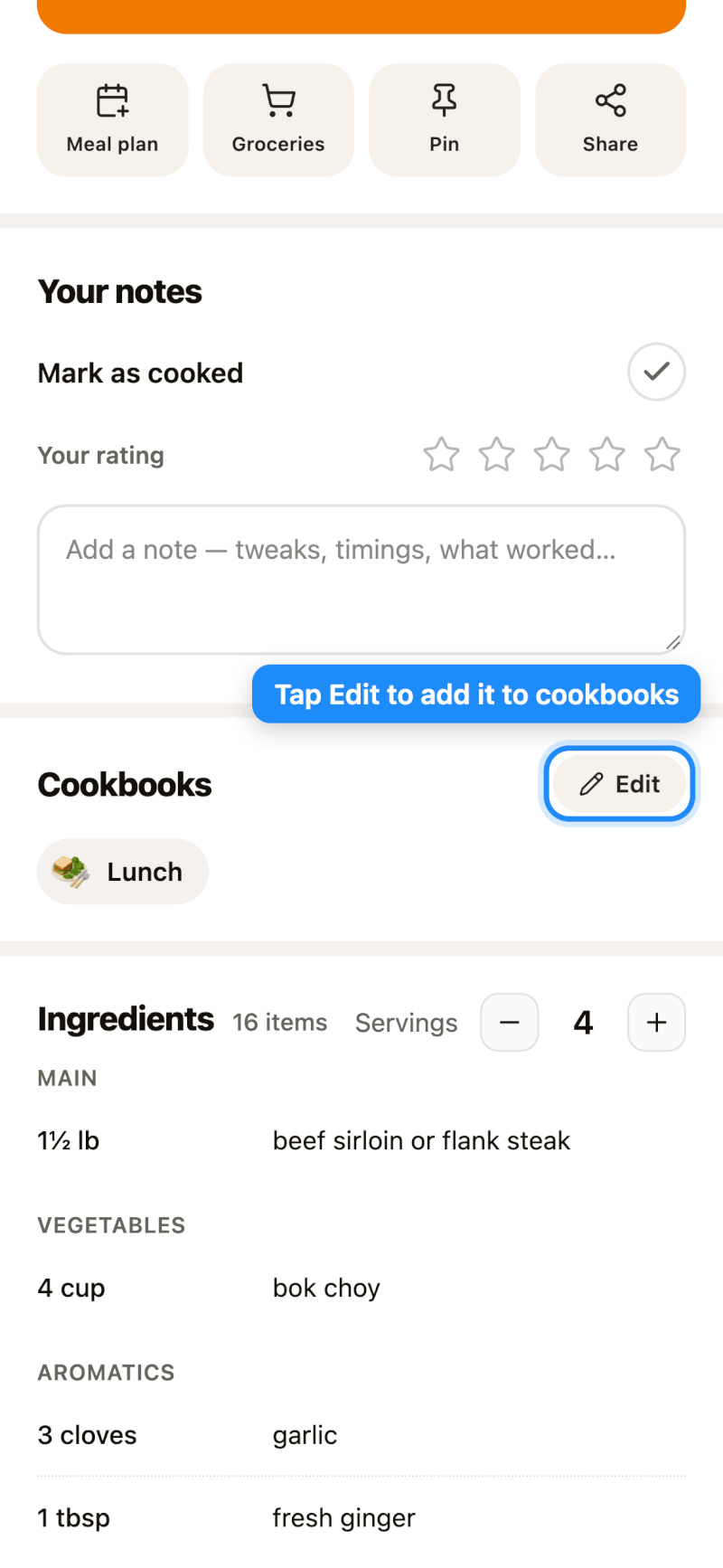 Toucher Modifier dans la section Carnets d’une recette