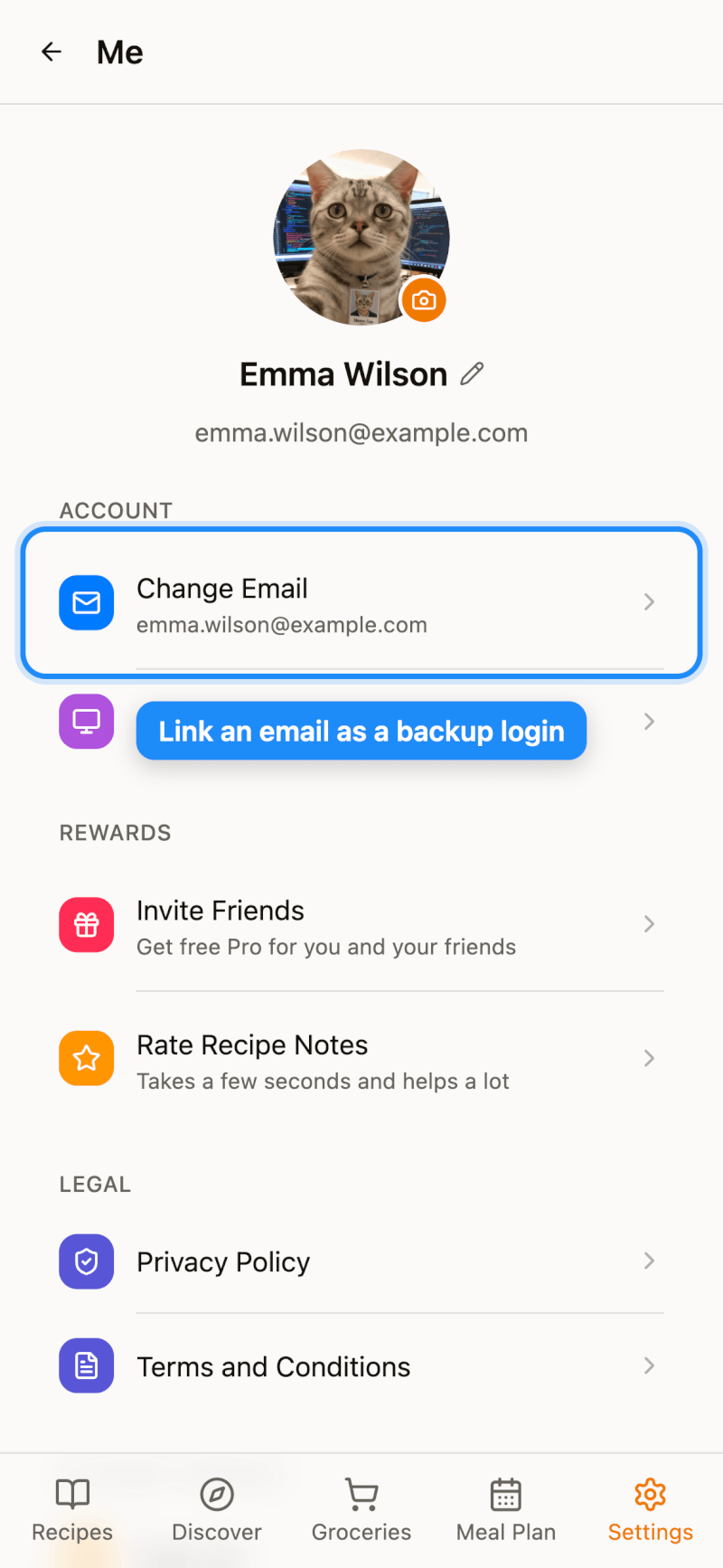 Page de profil avec l’option e-mail