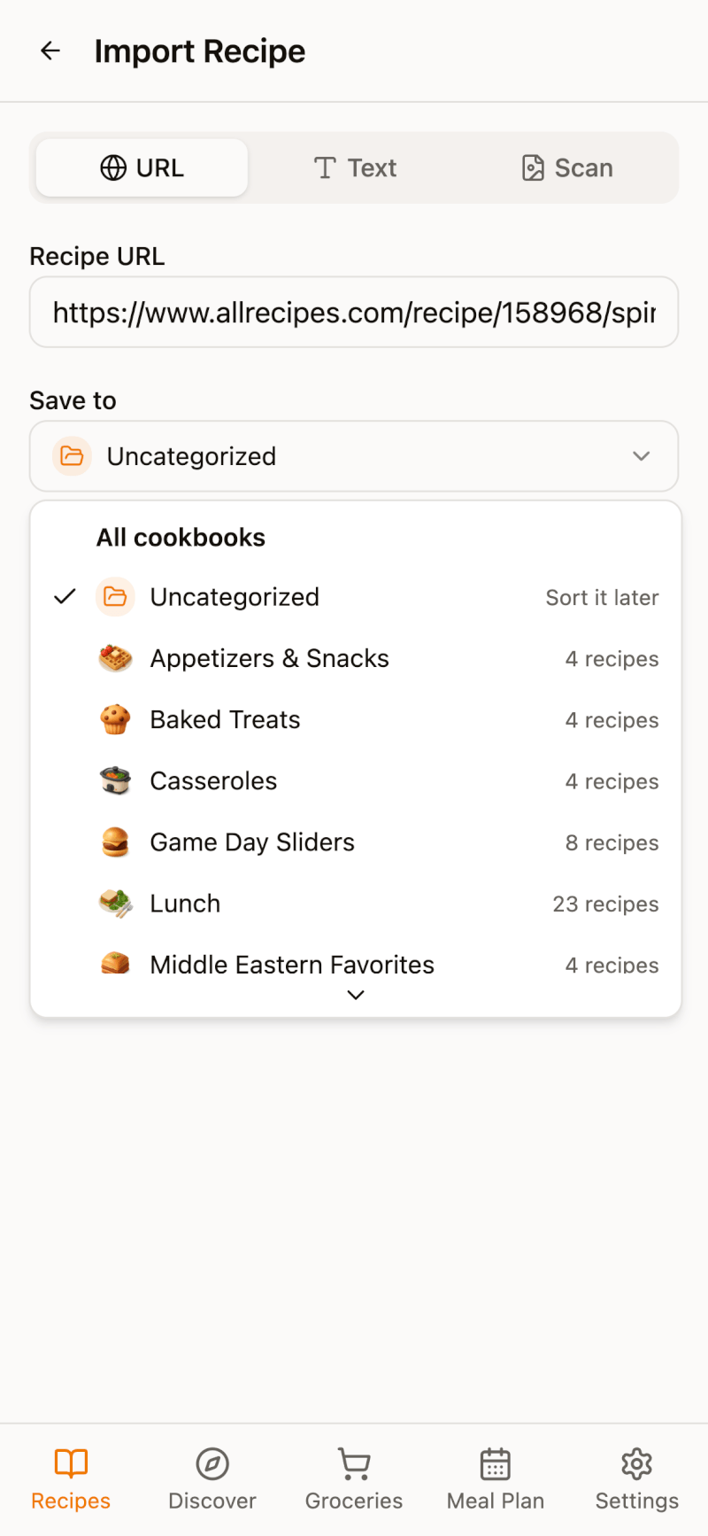 Choose a cookbook for your imported recipe
