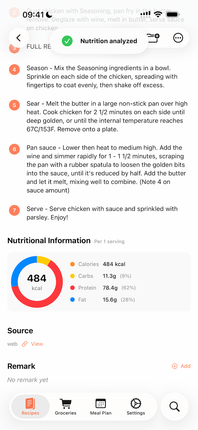Nutrition analysis results