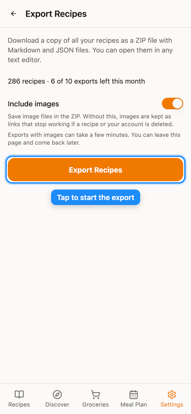 Tap Export Recipes to start