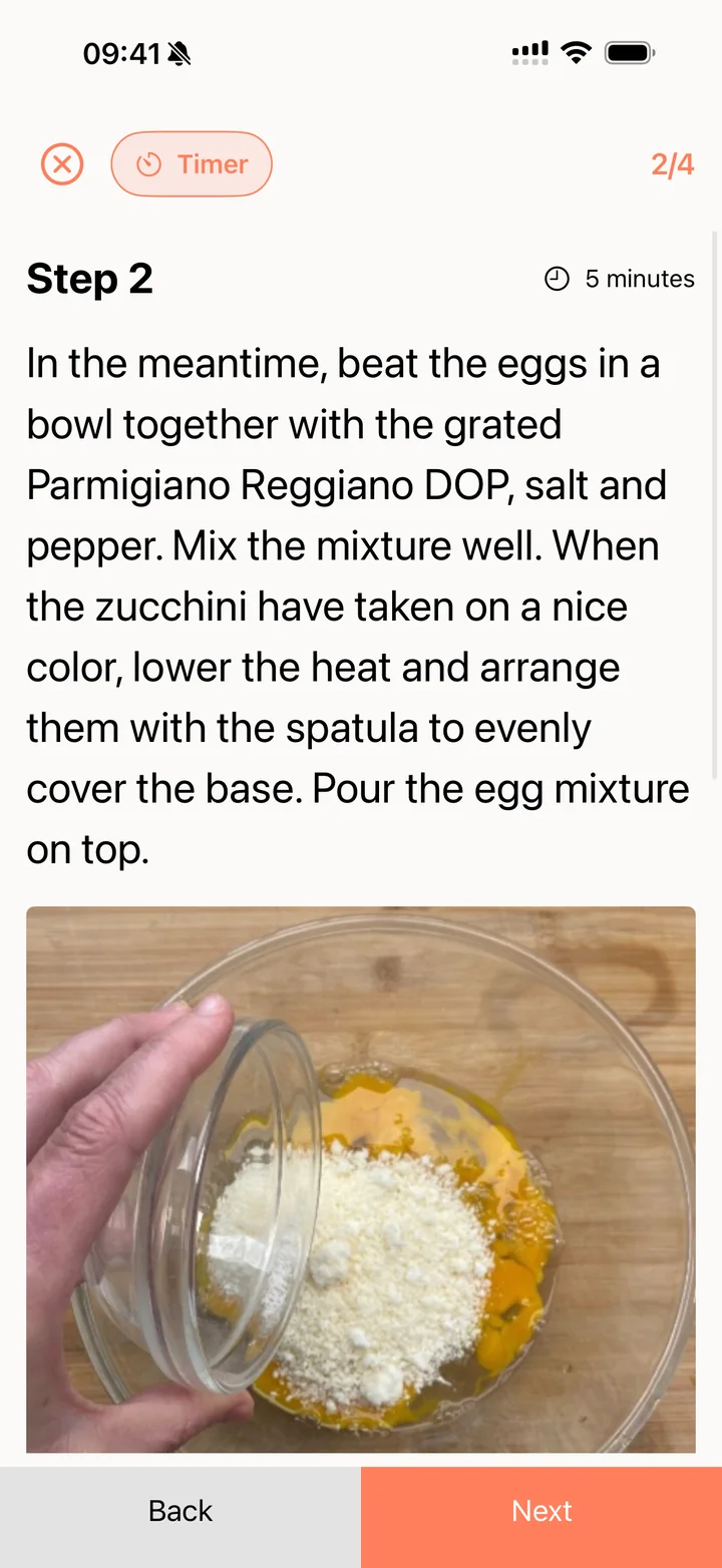 Cook mode showing step 2 of 4 in large text with a step photo, a timer button and Back and Next buttons