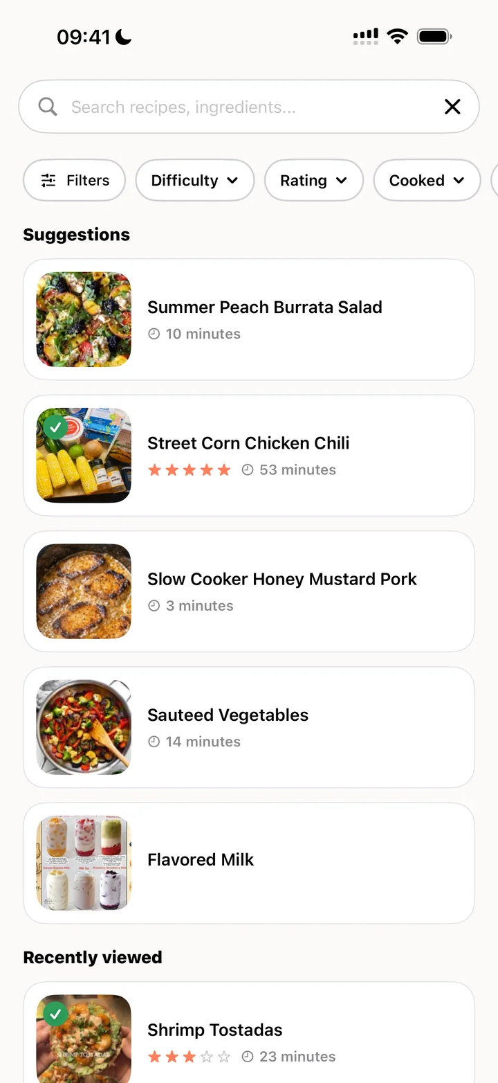 Recipe search with filters for difficulty, rating and cooked, plus suggestions and recently viewed recipes