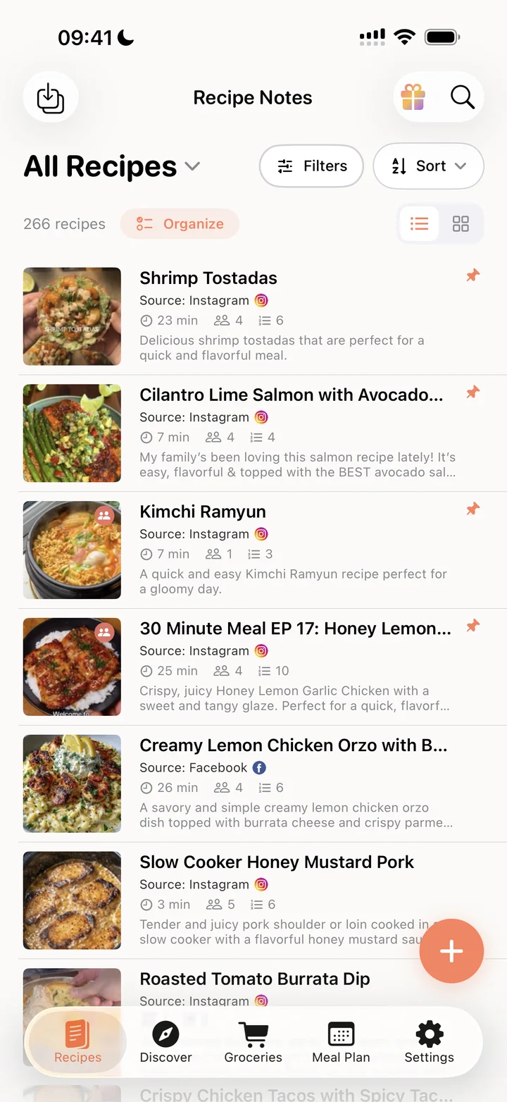 Recipe Notes All Recipes list on iPhone, with recipes saved from Instagram and Facebook