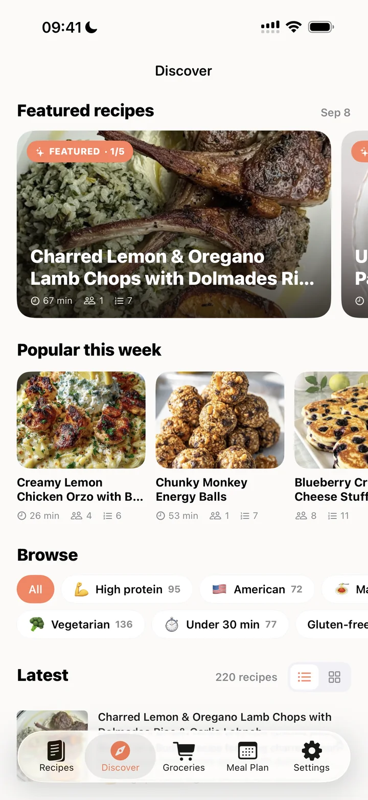 Discover tab with featured recipes, popular this week and browse categories