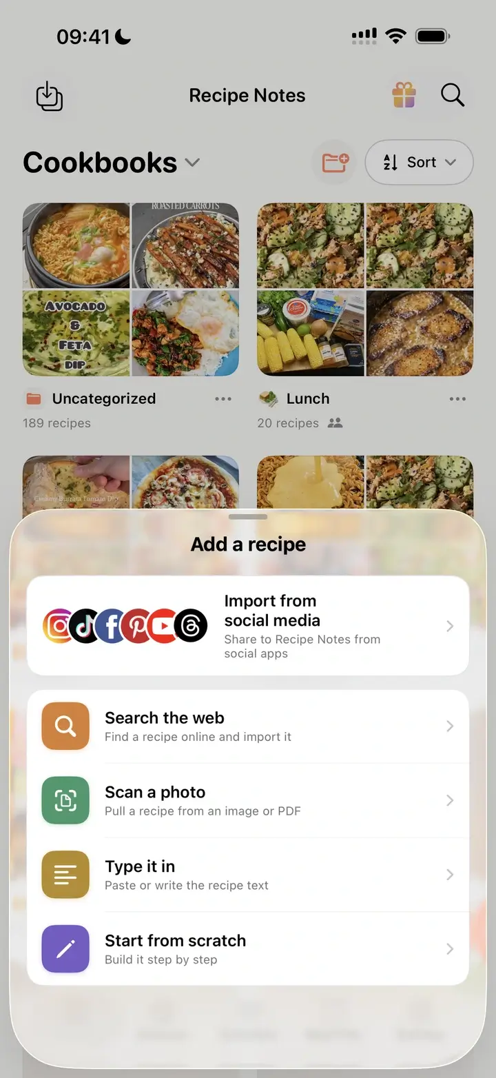 Add a recipe sheet with options to import from social media, search the web, scan a photo, type it in, or start from scratch