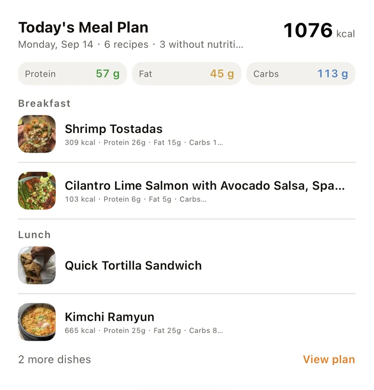Today’s Meal Plan widget with calories and macros