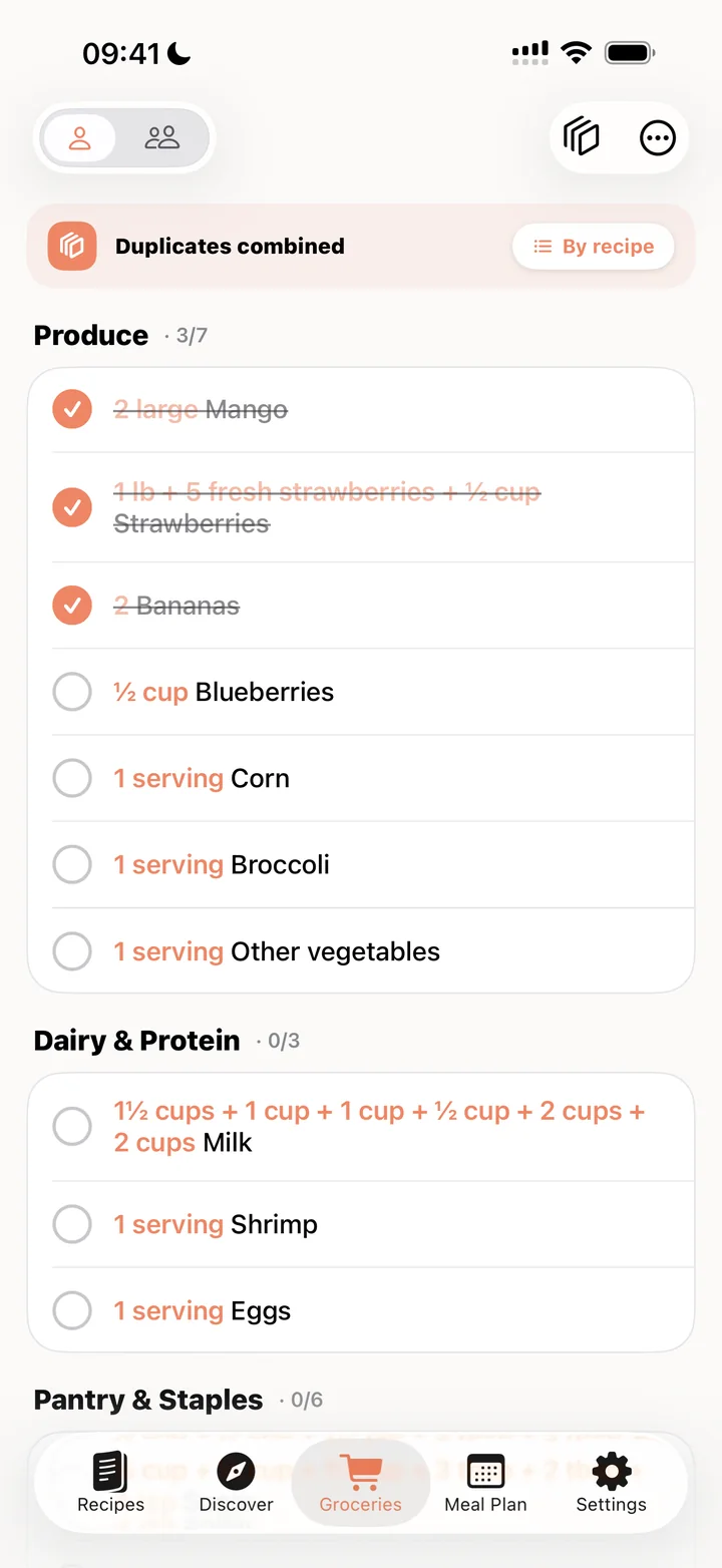 Grocery list grouped by aisle with duplicates combined and checked-off items