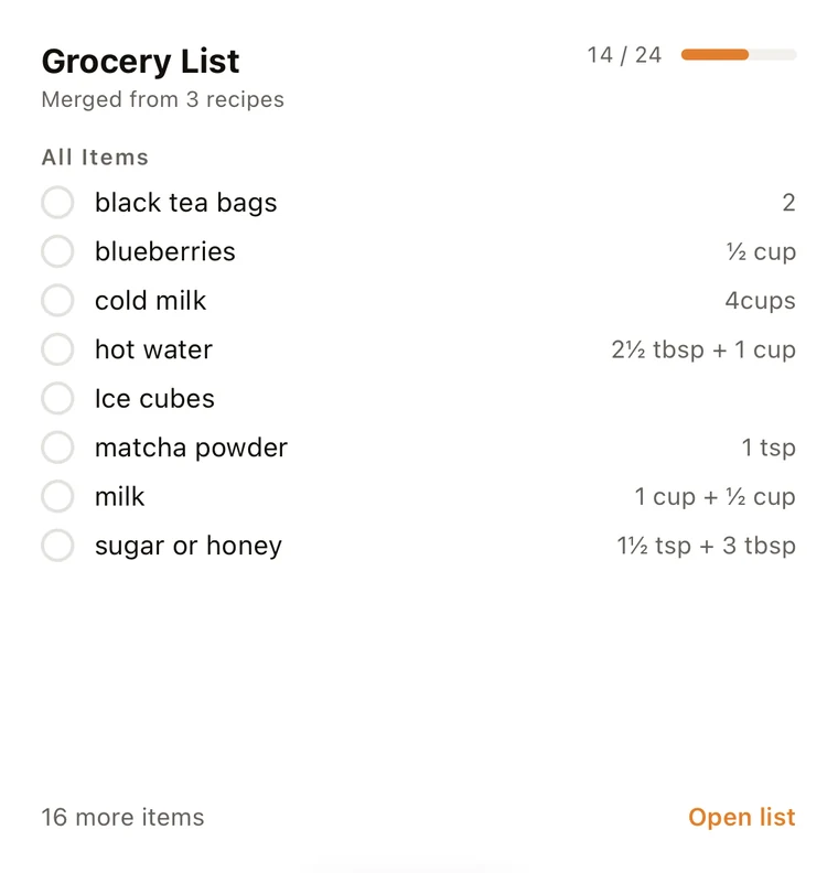 Grocery List widget merged from three recipes